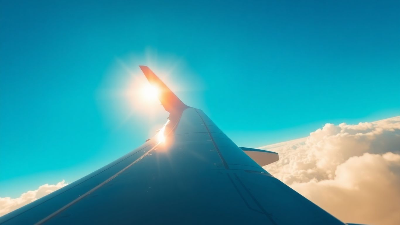 Airplane wing flying through a sunny sky.