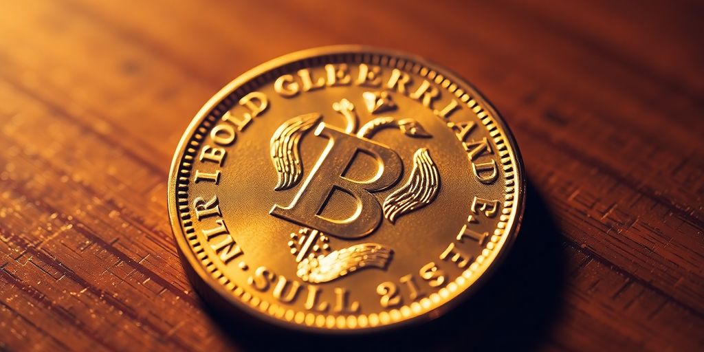 Pièce de Krugerrand en or sur une table en bois.