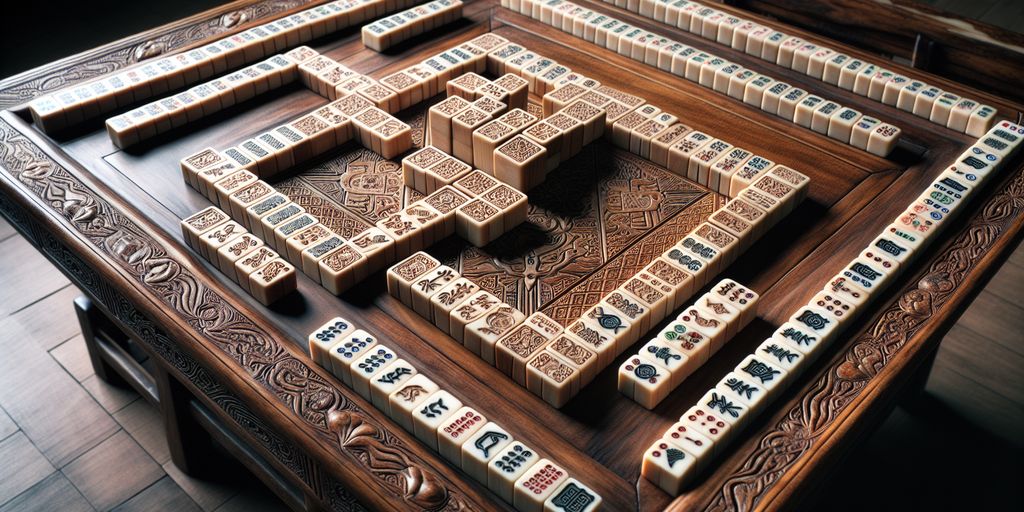 mahjong tiles on a traditional wooden table