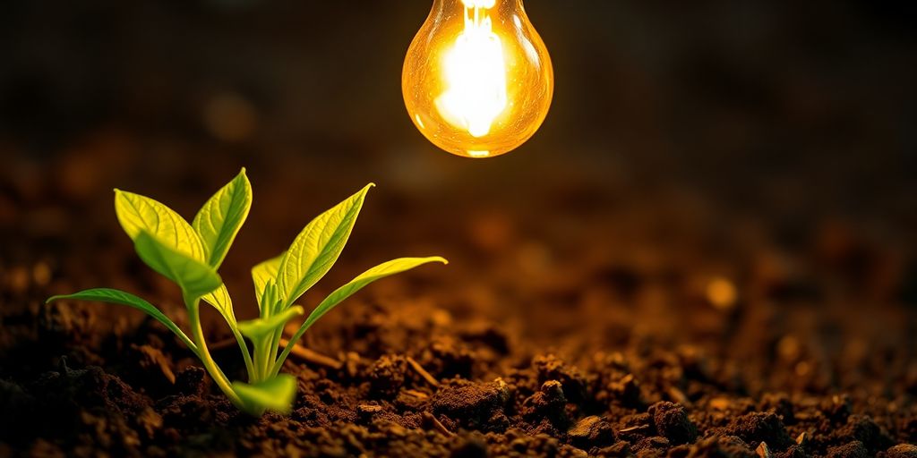 Lightbulb above growing plant.