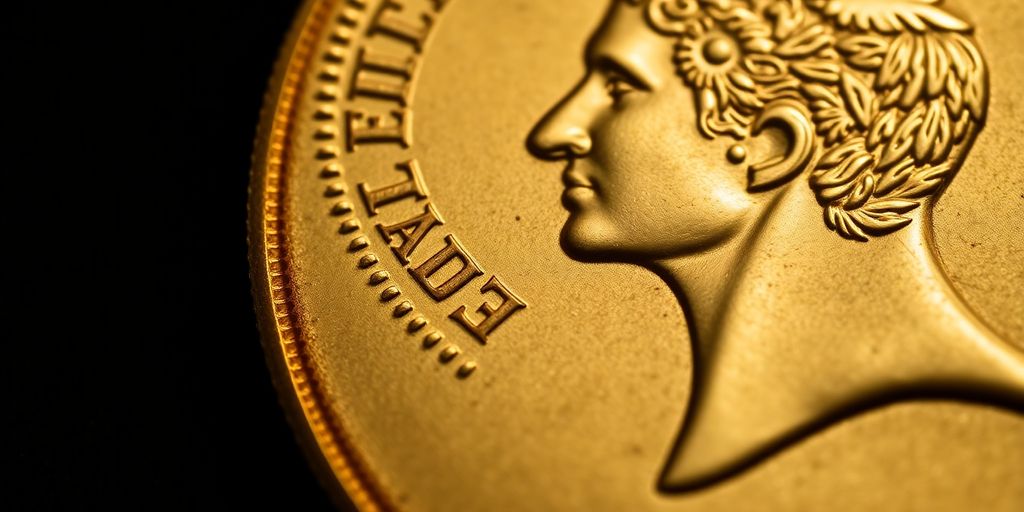 Monnaie en or de Napoléon sur fond sombre.