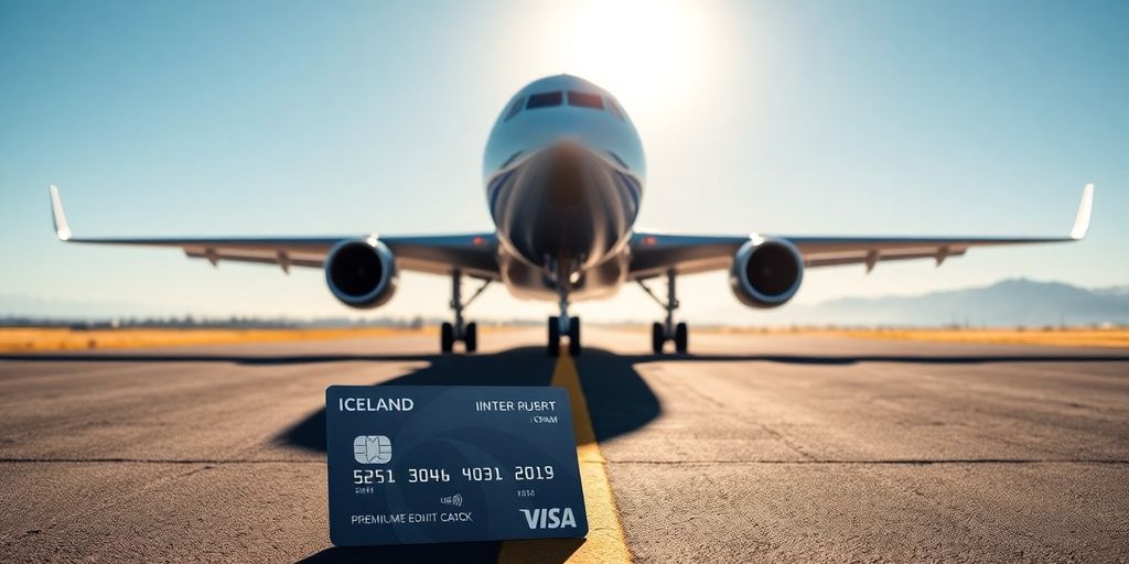 Mynd af flugvél á flugbraut með bankakorti.
