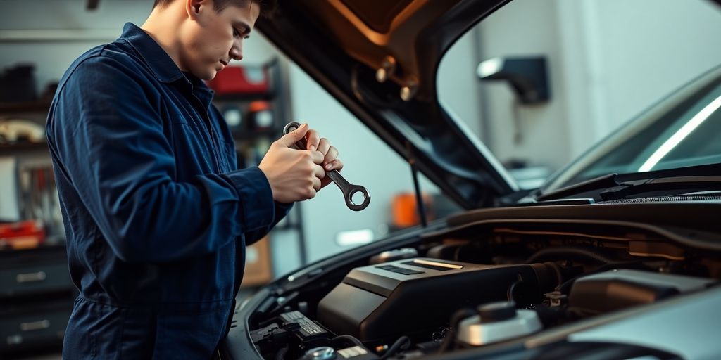 Mechanic with wrench inspects car engine.