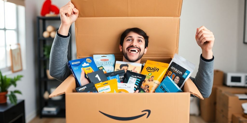 Person receiving Amazon package with gift ribbon.
