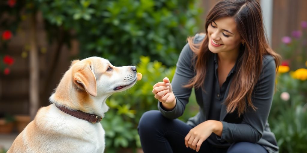 Dog trainer with a calm dog in a garden.