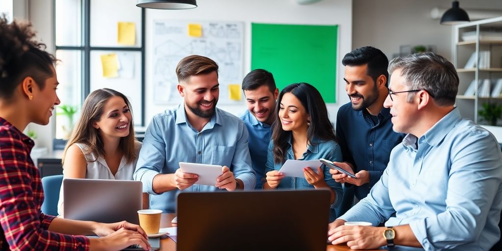 Diverse Amazon sellers collaborating in a modern workspace.