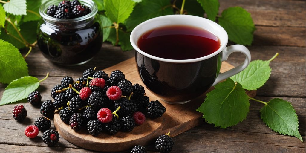 Cup of mulberry tea with fresh mulberries