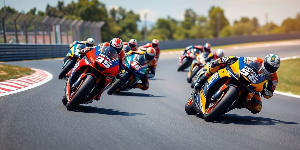 MotoGP riders racing on a track during a competition.