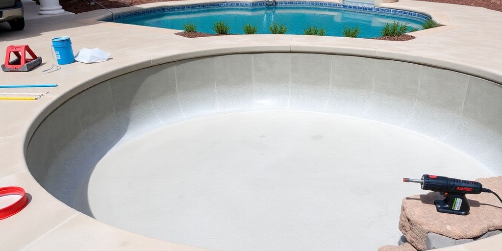 Piscine en béton en cours de rénovation avec outils.