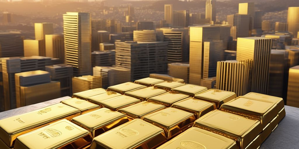 gold bars with central bank buildings in the background