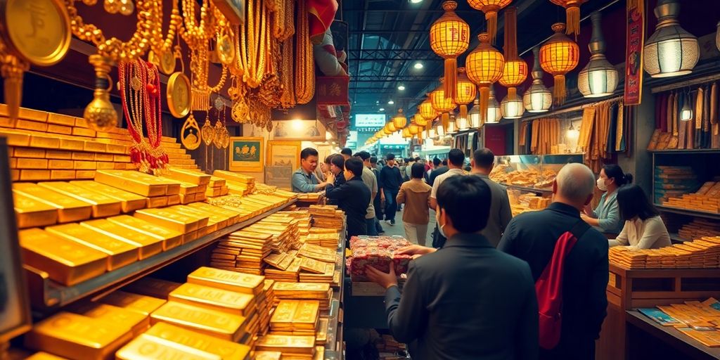 Marché de l'or animé en Asie avec des pièces et bijoux.