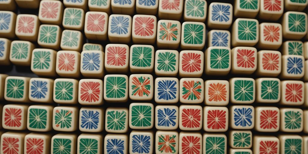 Close-up of Mahjong bamboo tiles in a colorful pattern.