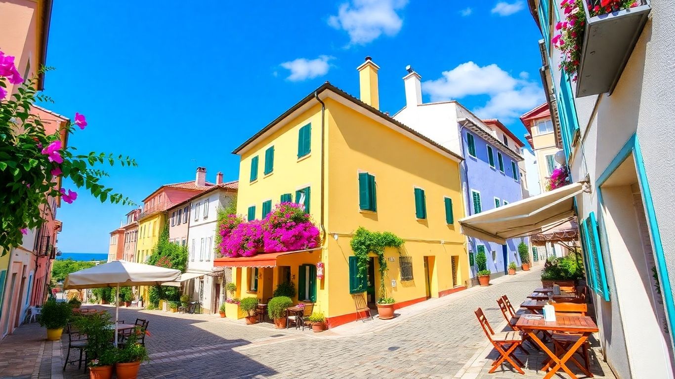 Cozy European street with flowers and cafe