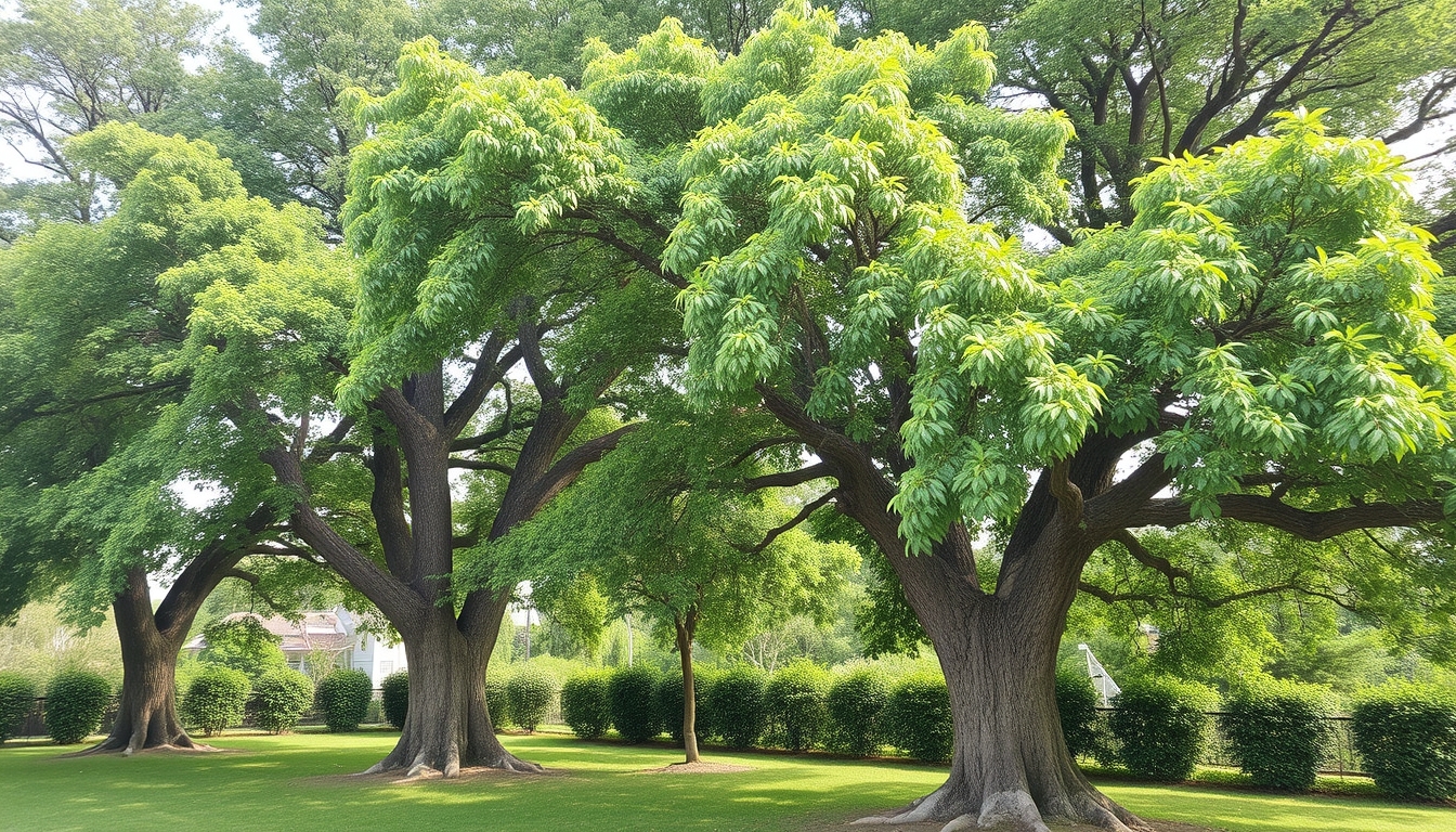 Overgrown trees in a lush green landscape.