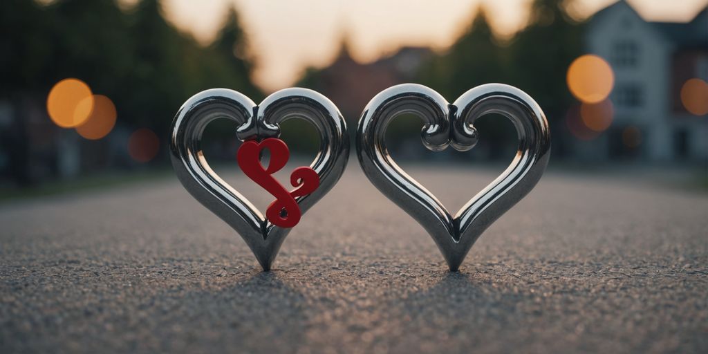 Two hearts with a question mark between them.