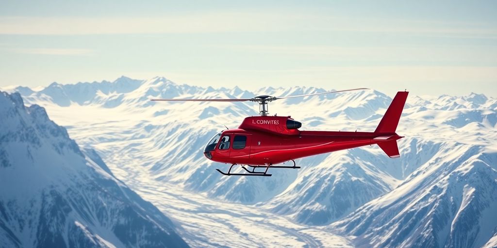 A red helicopter flies over snow-covered Alaskan mountains.