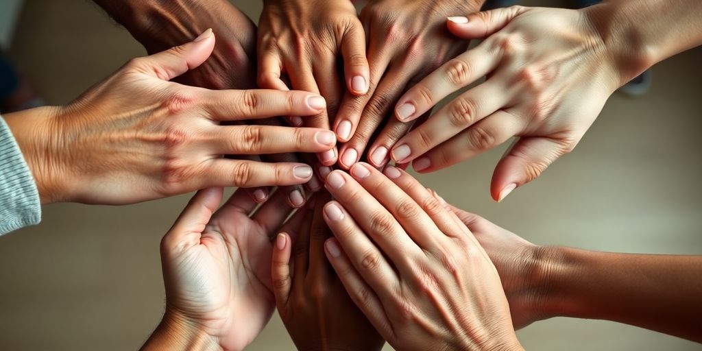 Diverse hands support one another