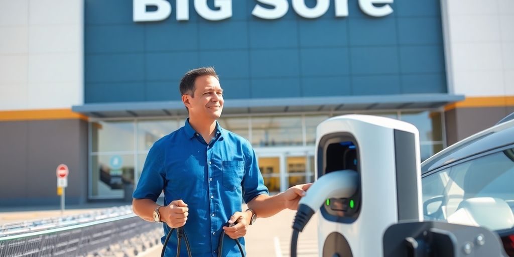 Man holding EV charger next to big box store