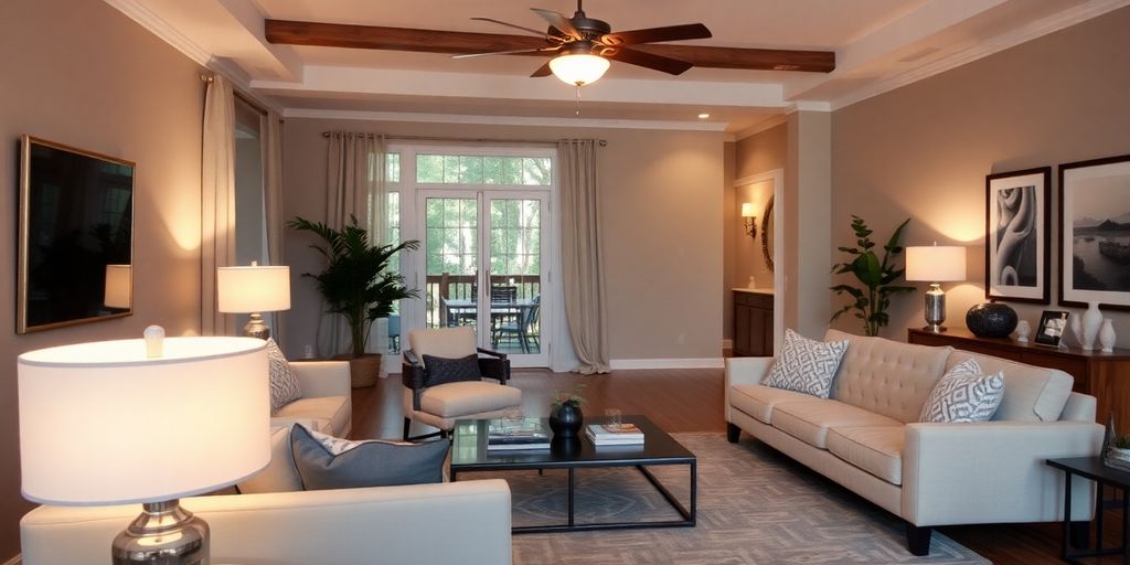 Stylish remodeled living room with modern decor and lighting.