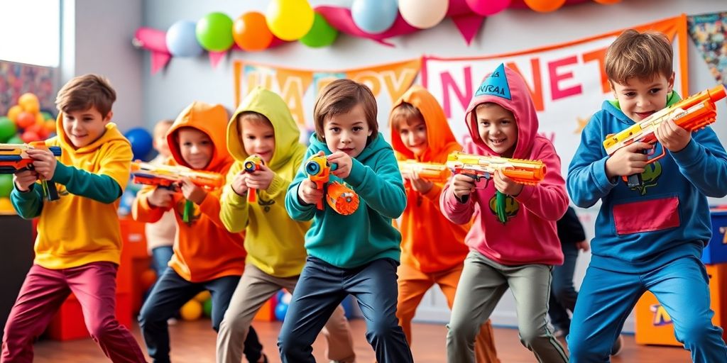 Kids in colourful outfits having a Nerf foam dart battle.