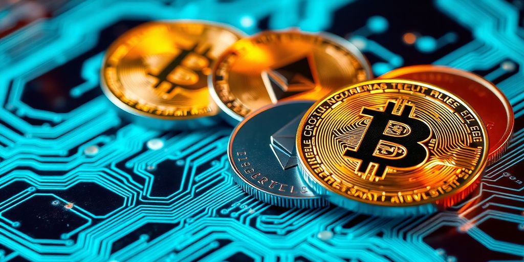 Digital coins on glowing circuit board.