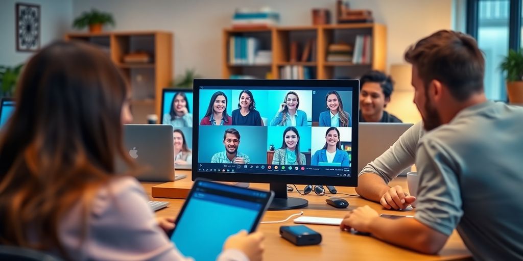 Students engaged in video conferencing for online education.