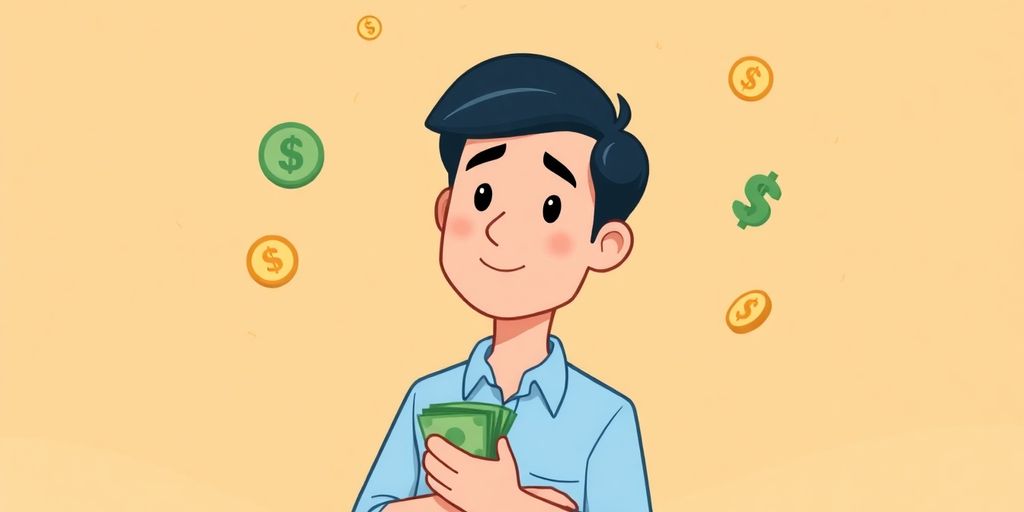 Cartoon man holding money, thinking of loan terms.