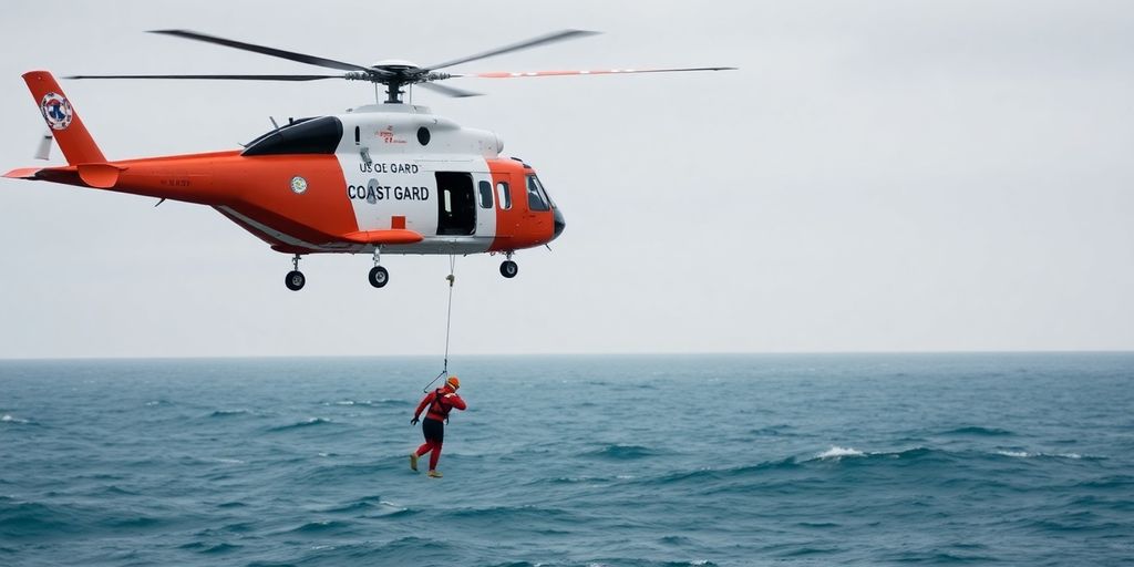 A US Coast Guard helicopter during an ocean rescue mission.