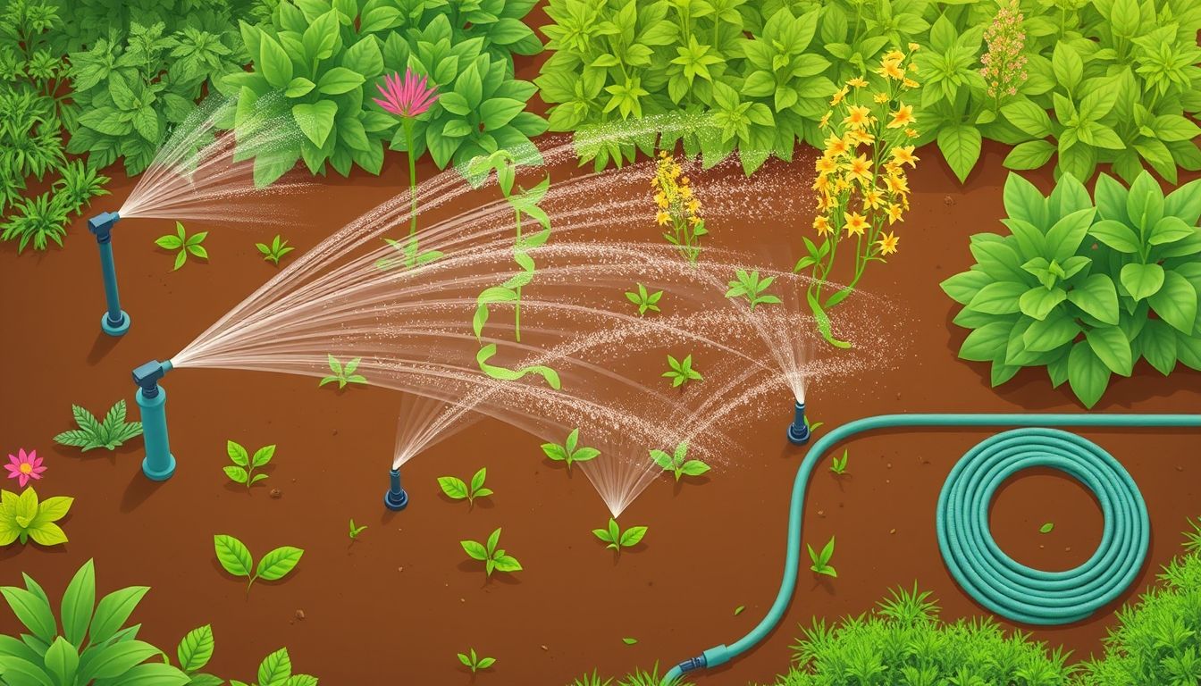 Garden with different irrigation systems in use