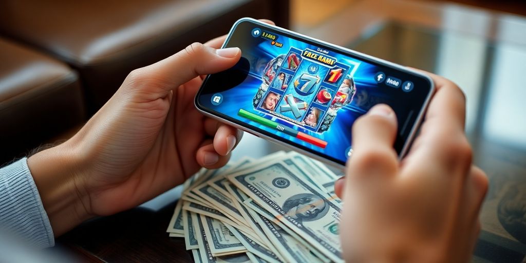 Hands holding phone playing game, money on table.