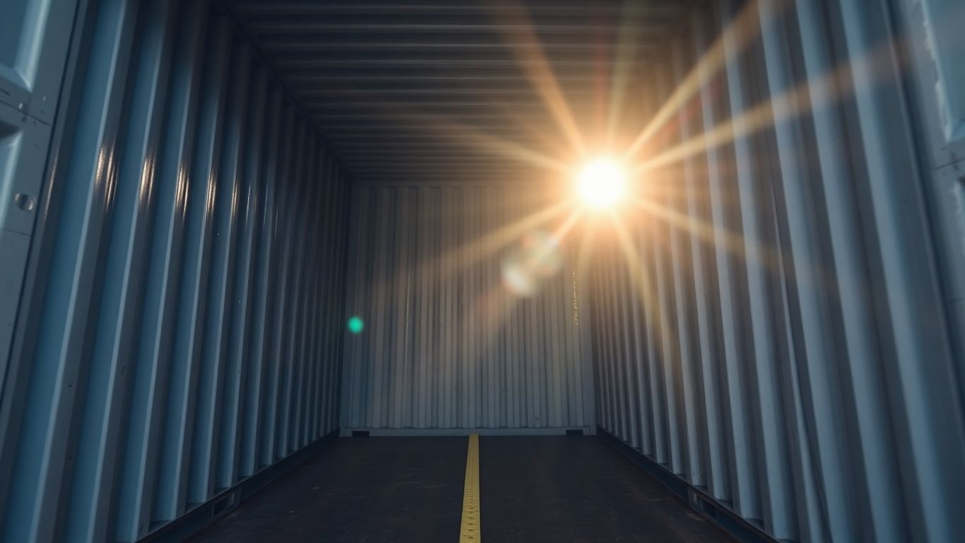 Shipping container next to tape measure.