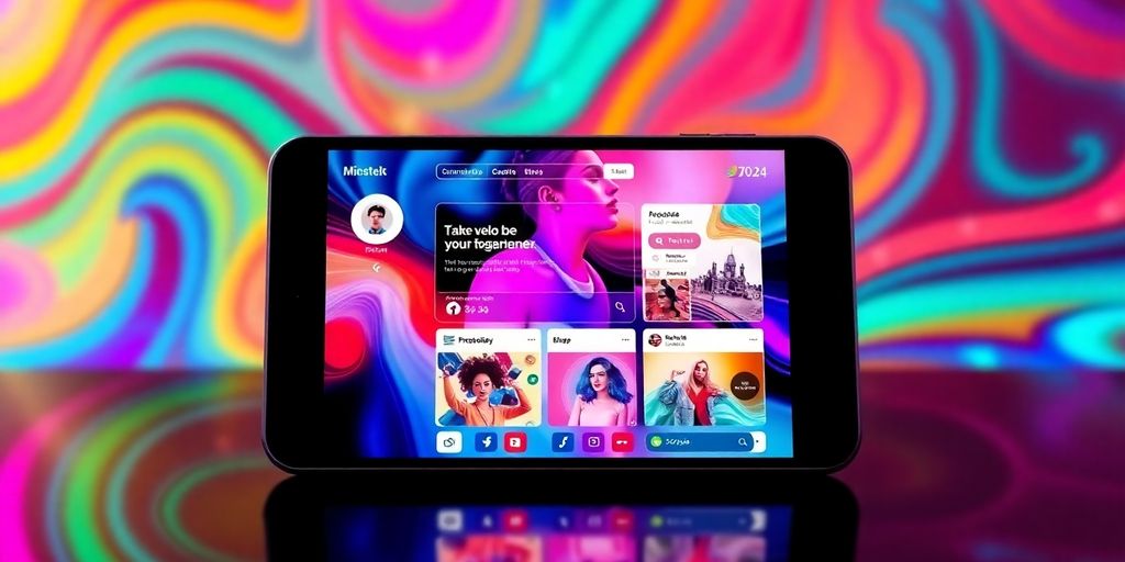 Modern social media interface on digital device with vibrant colors.