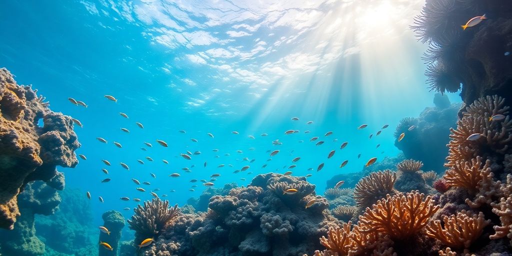 Vibrant coral reefs teeming with diverse marine life underwater.