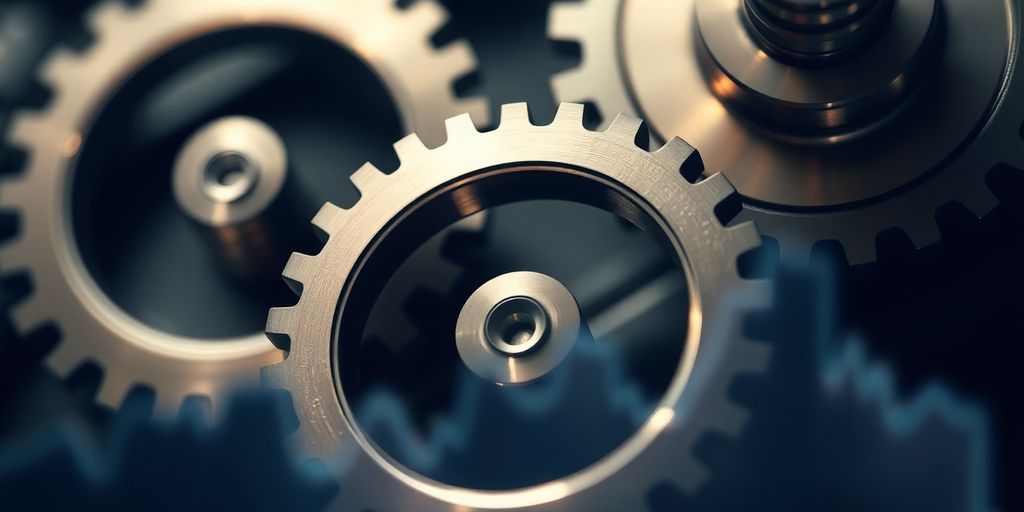 Abstract gears turning with rising financial charts.