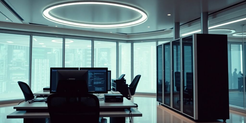 Futuristic office with advanced technology and sleek design.