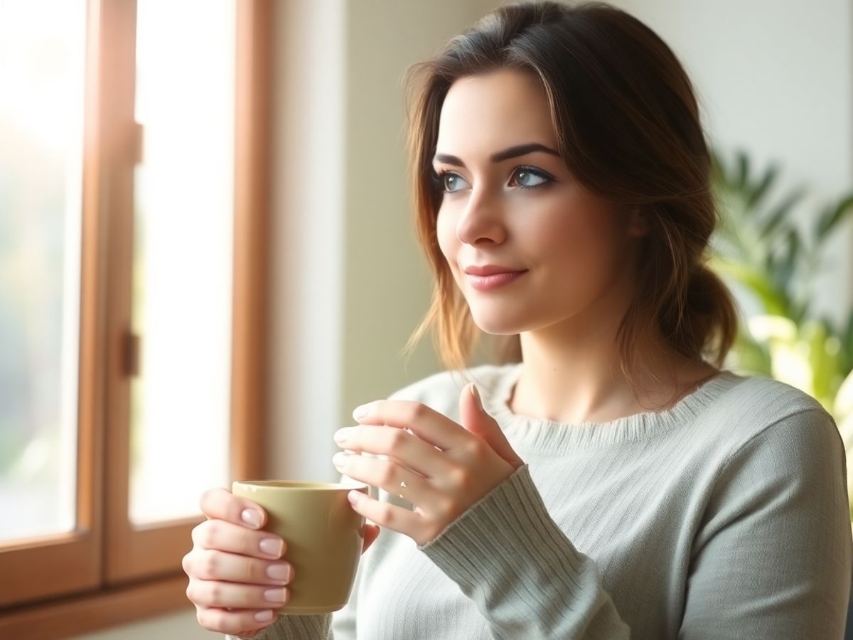 Femeie zâmbind, relaxată, savurând cafea dimineața.