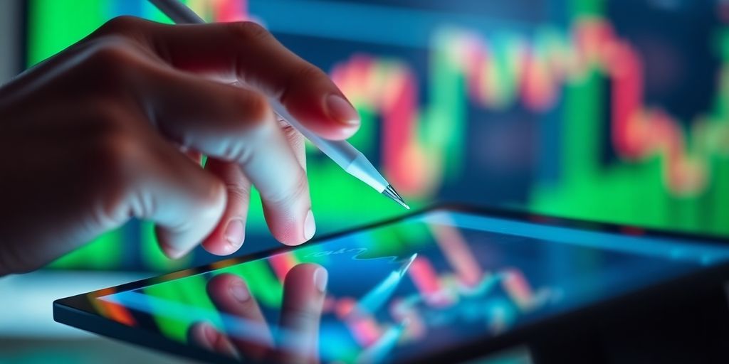 Hands interact with a tablet showing financial graphics.