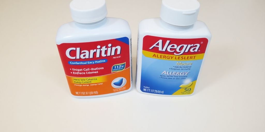 Claritin and Allegra bottles side-by-side.