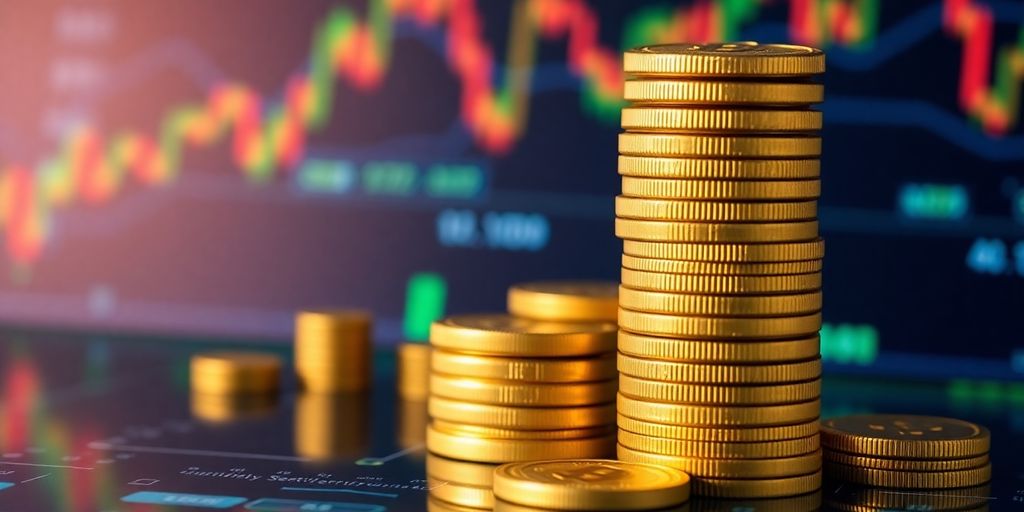 Bitcoin coins with a digital financial background.