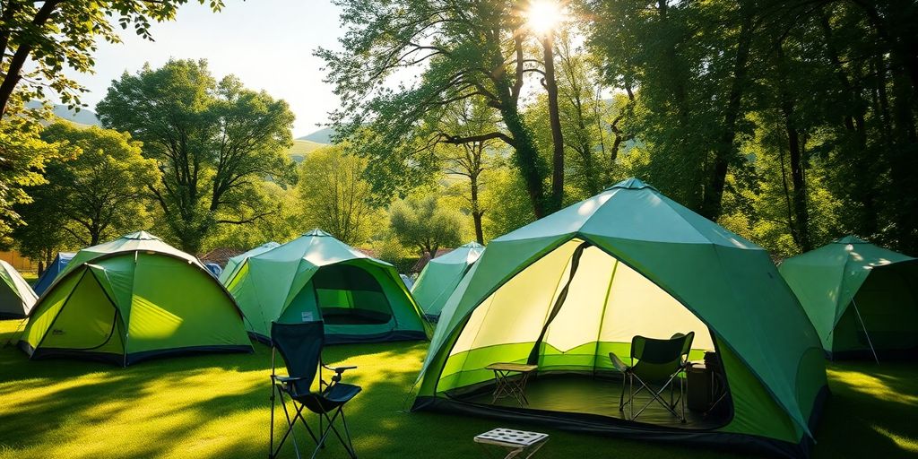Olika campingtält i naturlig miljö
