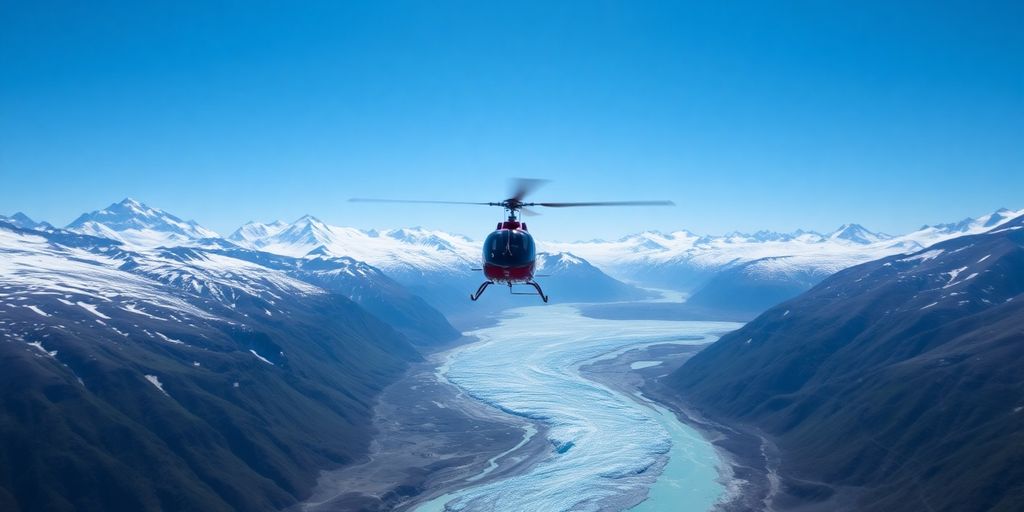 A red helicopter flies over a vast Alaskan glacier.