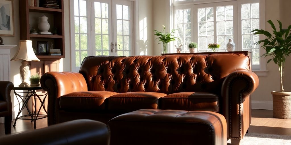 Brown leather couch in a bright living room.