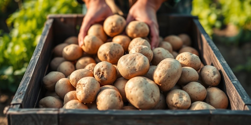 Verse aardappelen in houten krat van de boerderij.