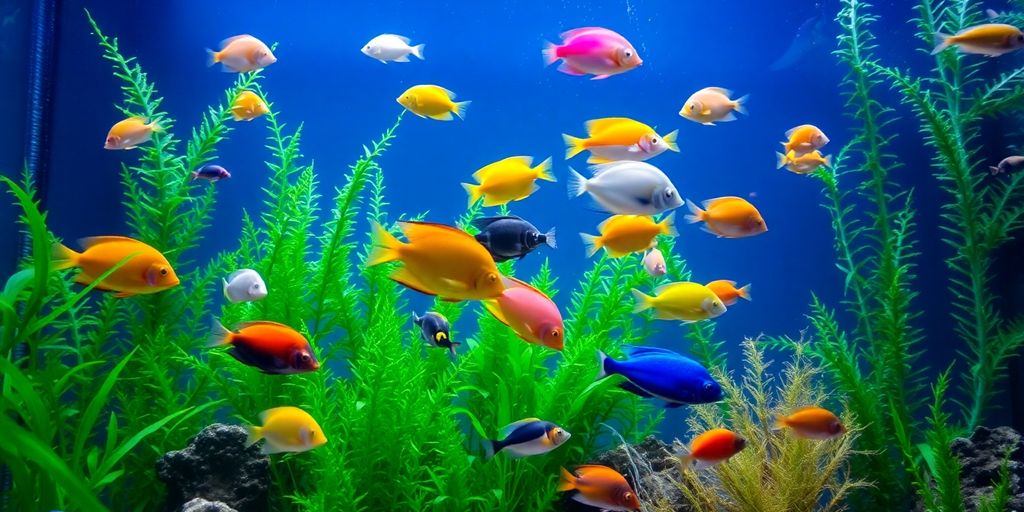 色彩斑斓的鱼在郁郁葱葱的水族箱环境中游动。