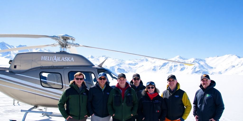 Heli Alaska team in front of helicopter and mountains.