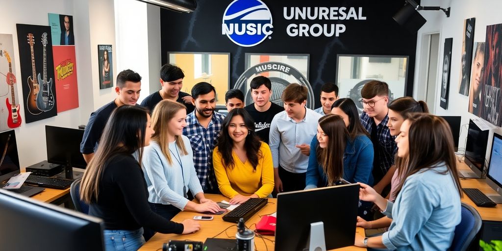 Young professionals collaborating in a creative office space.