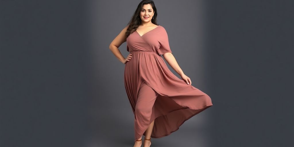 Plus size woman smiling in a flattering A-line dress.