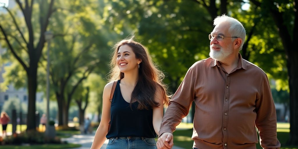 Couple, different ages, holding hands, city background.