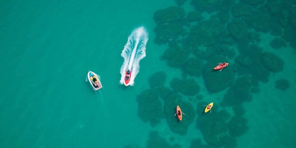 Jet ski, snorkelers, and kayaks in clear blue ocean water.