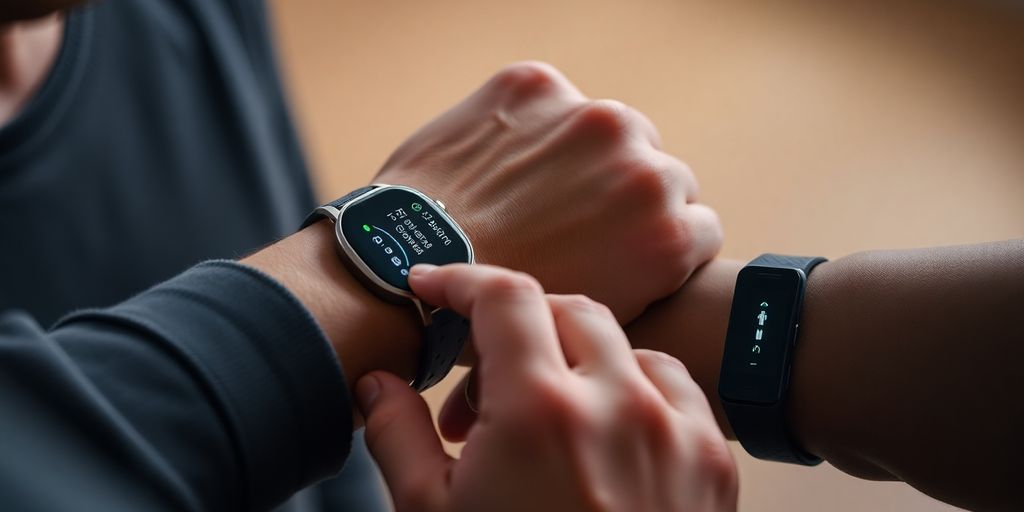 Person interacting with various wearable devices.